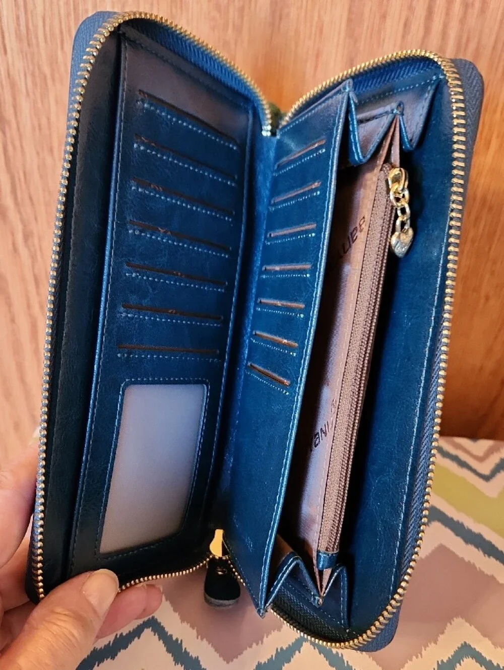 Blue Zip-Around Wristlet Wallet with Detachable Strap